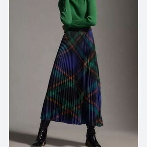 Anthropologie Isobel Silky Pleated Skirt Plaid Blue Green A Line Sz XS NEW